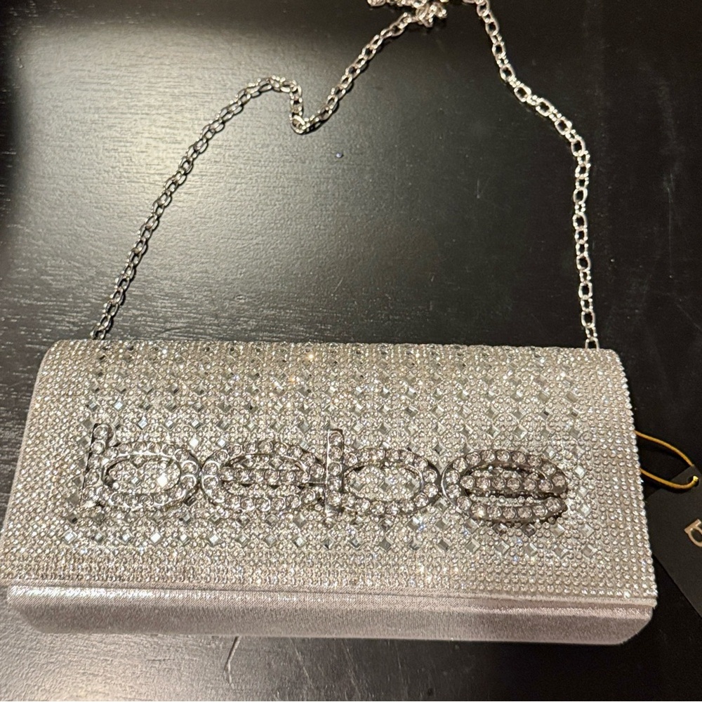 💎Bebe 💎 Sparkling Silver Crystal Clutch with detachable Chain Shoulder Strap - Picture 2 of 9